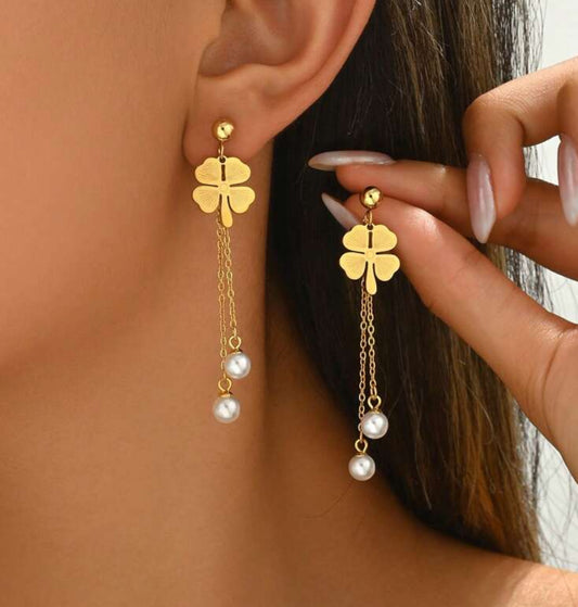 Pendientes trébol y perlas (oro)