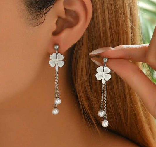 Pendientes trébol y perlas (plata)