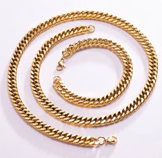Conjunto cadena y pulsera clasico bañado en oro 18k (6mm)